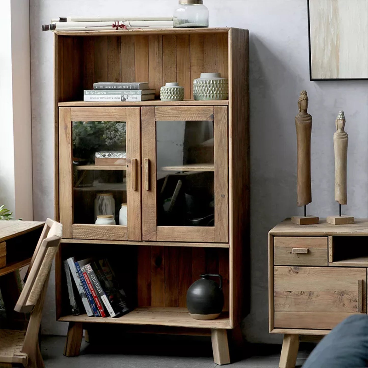 Reclaimed Wooden Storage Cabinet With Glass Doors