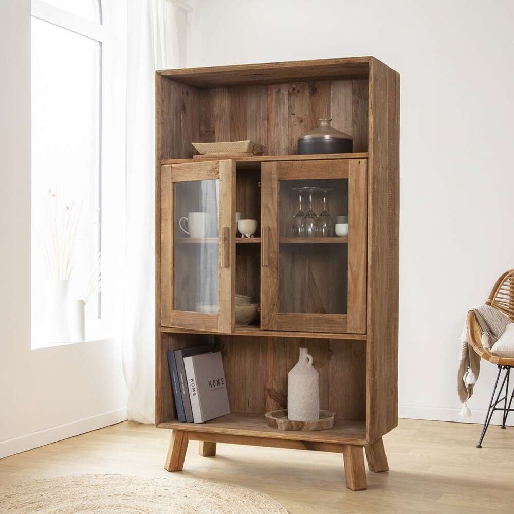 Reclaimed Wooden Storage Cabinet With Glass Doors