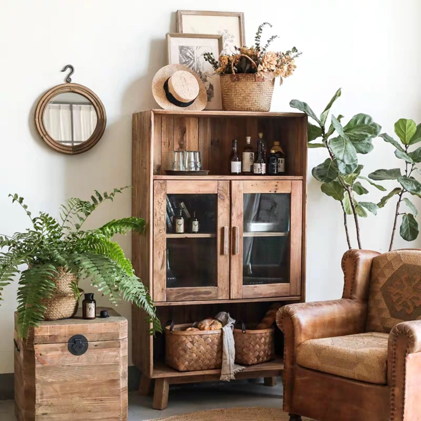 Reclaimed Wooden Storage Cabinet With Glass Doors