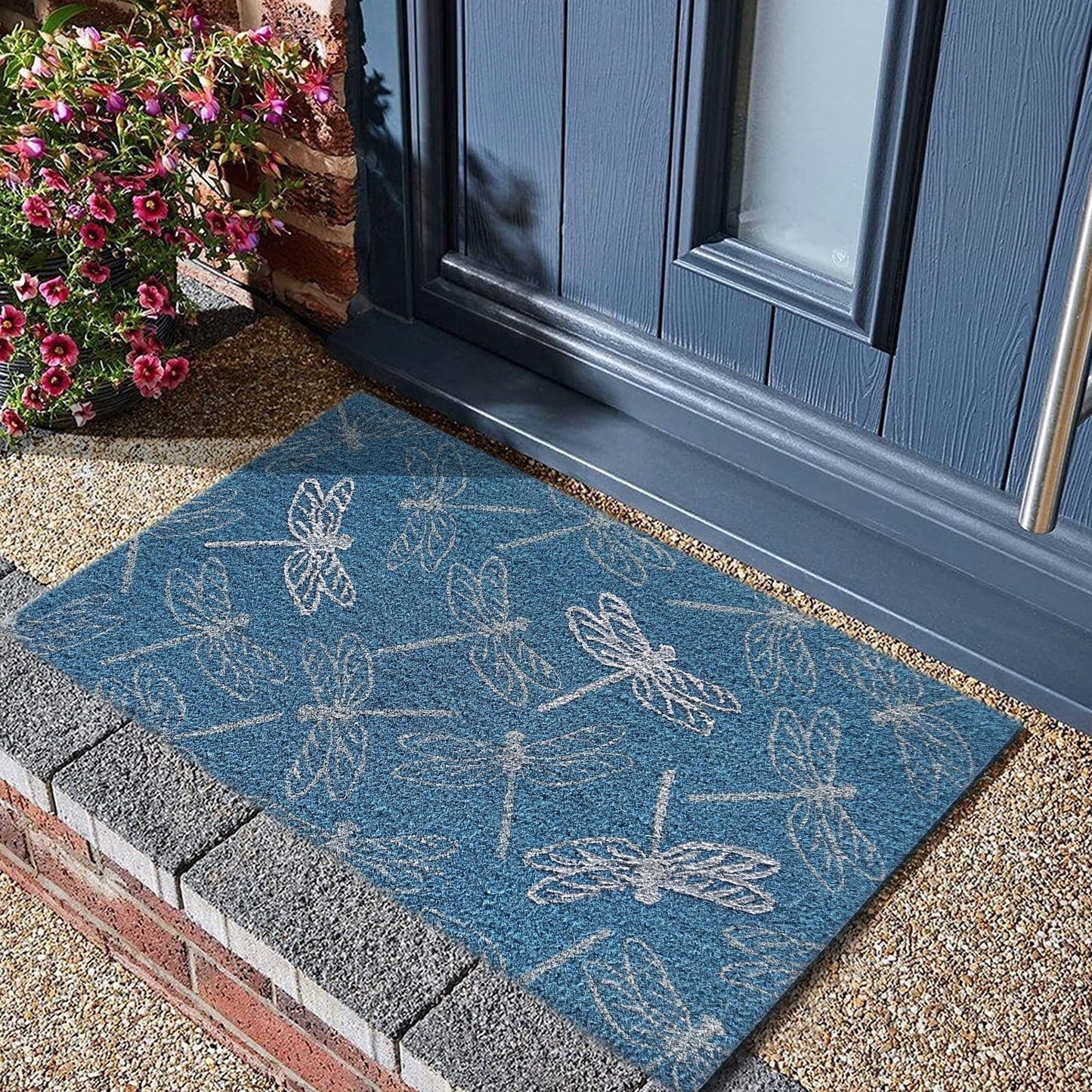 Dragonfly Glitter Doormat, Blue, PVC Tufted