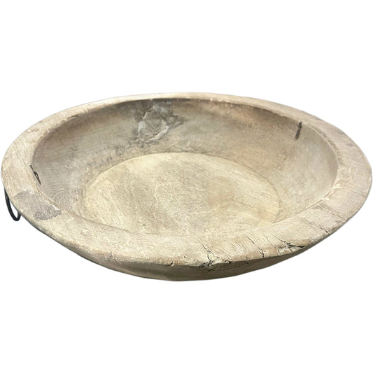 Old Natural Finish Bowl With Iron Handle, 18 To 20 In