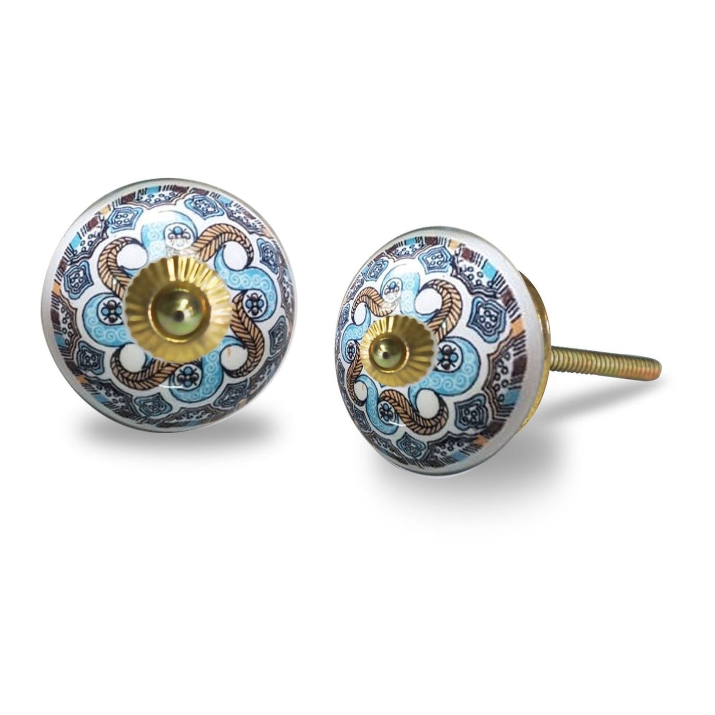 CN008 Knob, ceramic, Blue & Brown Twisted Leaves