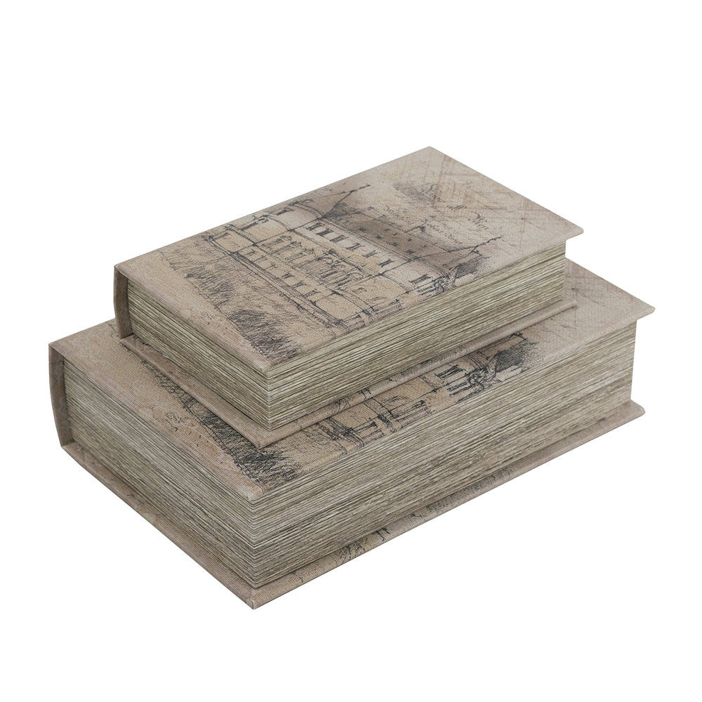 Set of 2 Decorative Book Boxes with Architectural Sketch Mo
