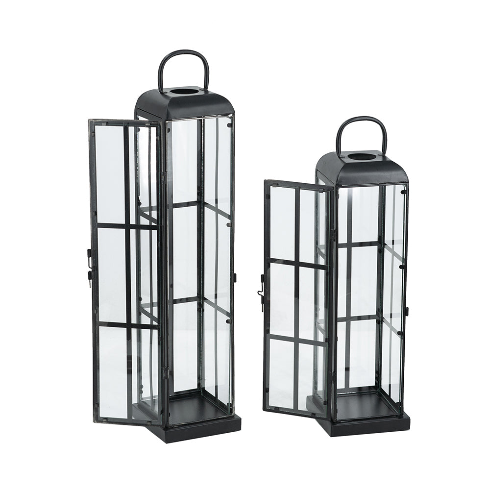 Set of 2 Decorative Iron Lanterns with Clear Glass Panels