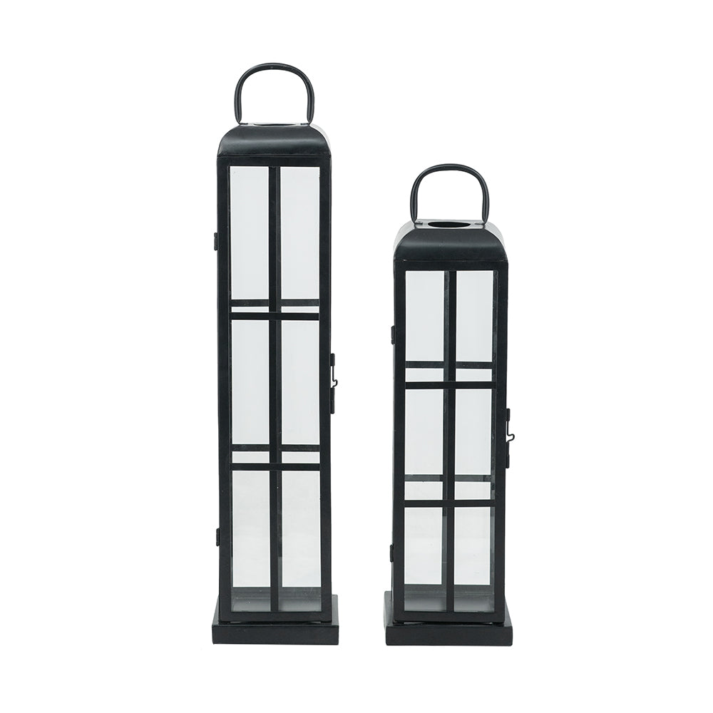 Set of 2 Decorative Iron Lanterns with Clear Glass Panels