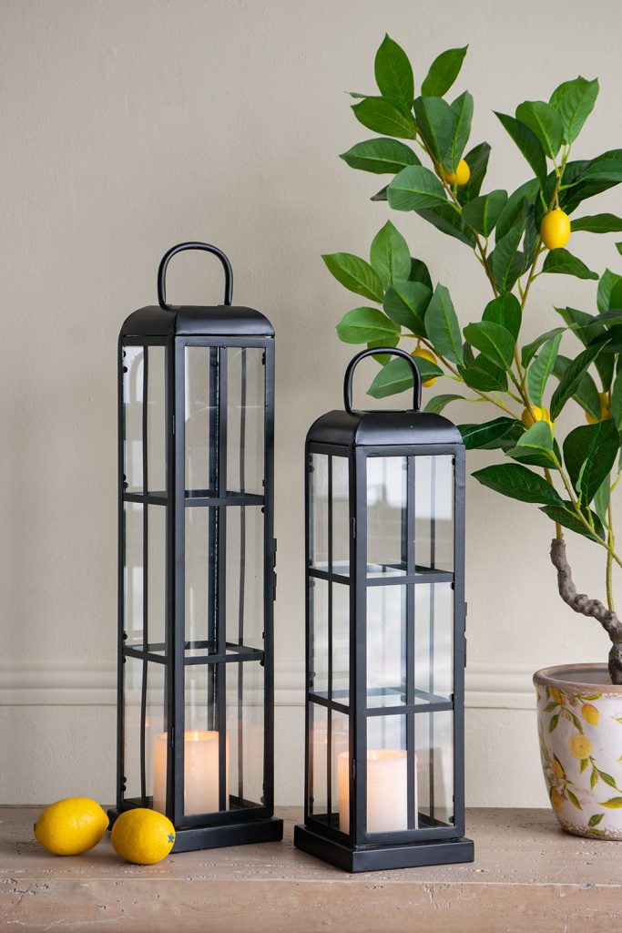 Set of 2 Decorative Iron Lanterns with Clear Glass Panels