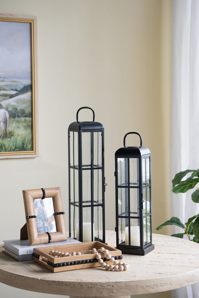 Set of 2 Decorative Iron Lanterns with Clear Glass Panels