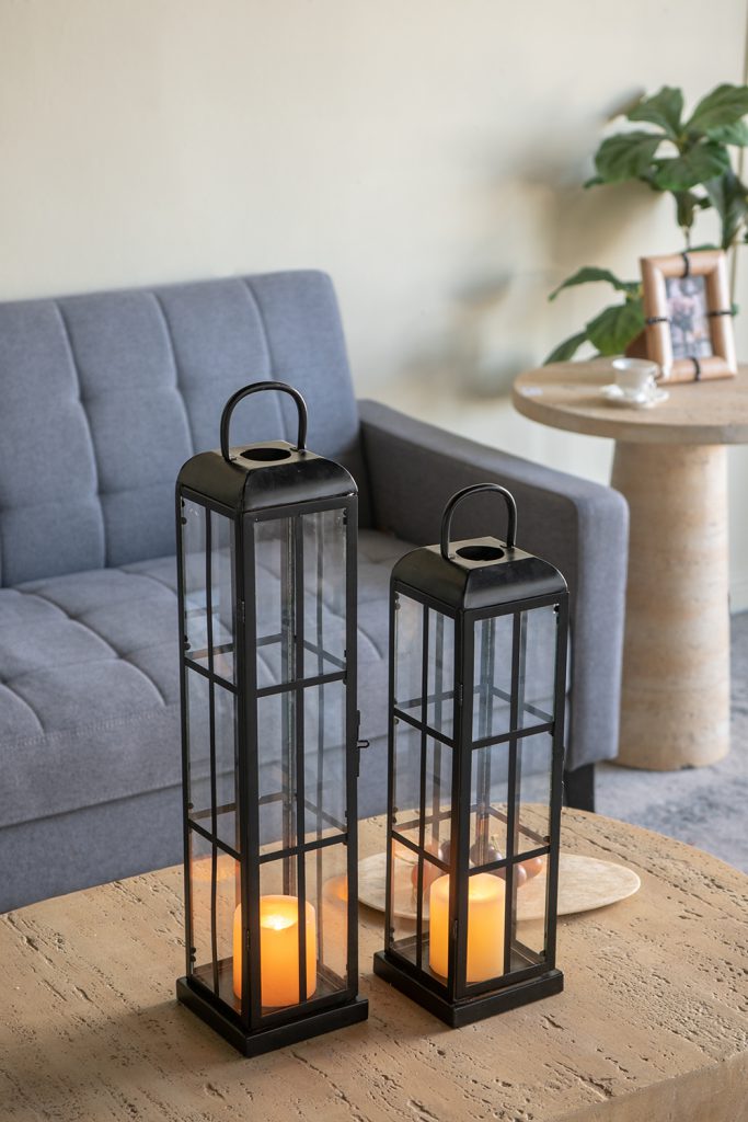Set of 2 Decorative Iron Lanterns with Clear Glass Panels