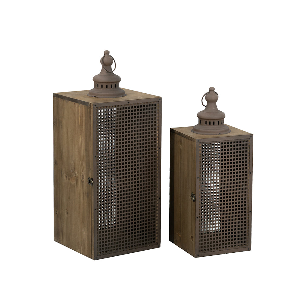 Set of 2 Brown Iron Lanterns with Mesh Panel Design and Fin