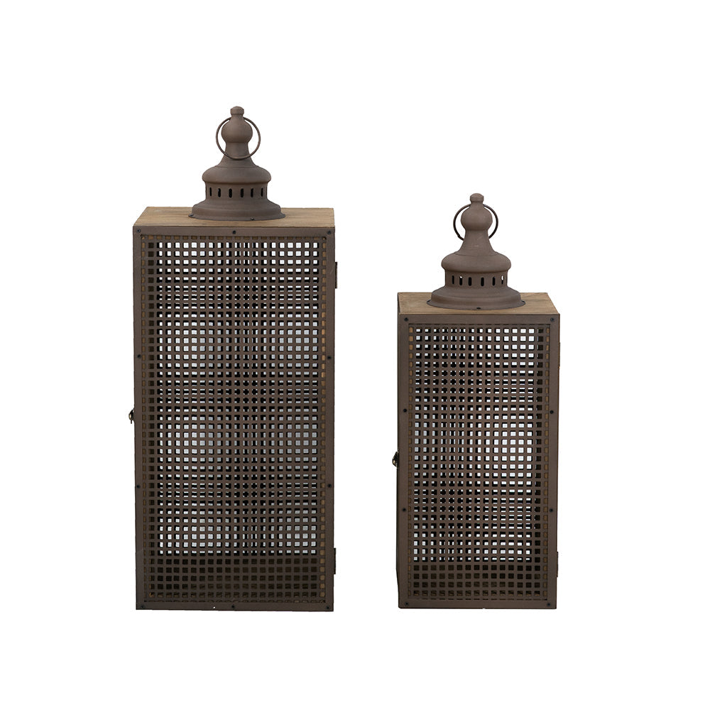 Set of 2 Brown Iron Lanterns with Mesh Panel Design and Fin
