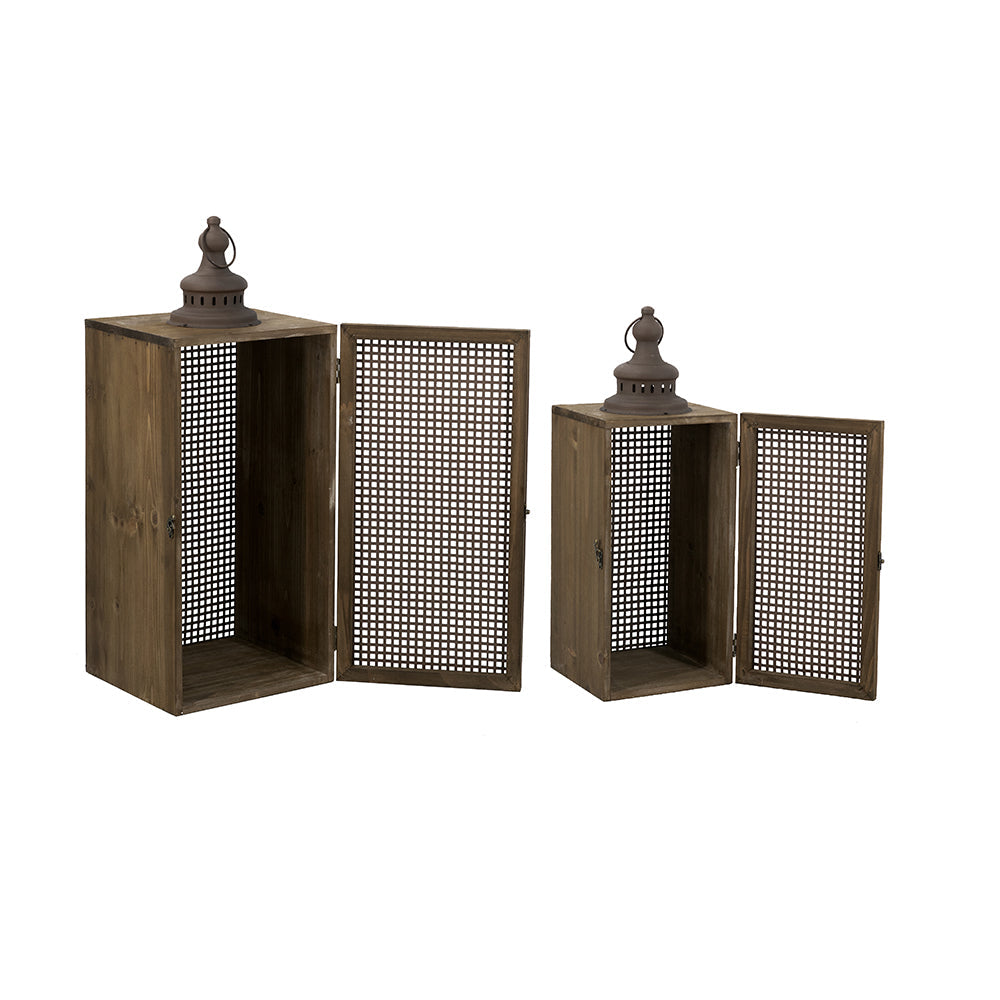 Set of 2 Brown Iron Lanterns with Mesh Panel Design and Fin