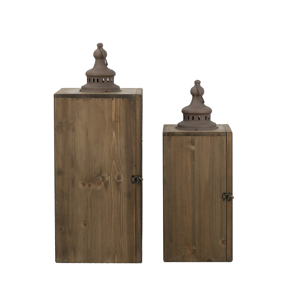 Set of 2 Brown Iron Lanterns with Mesh Panel Design and Fin