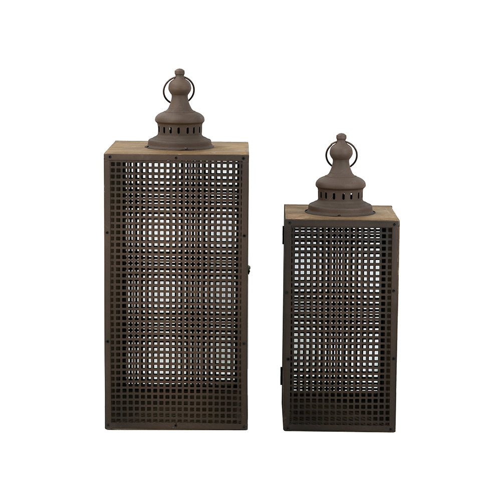 Set of 2 Brown Iron Lanterns with Mesh Panel Design and Fin