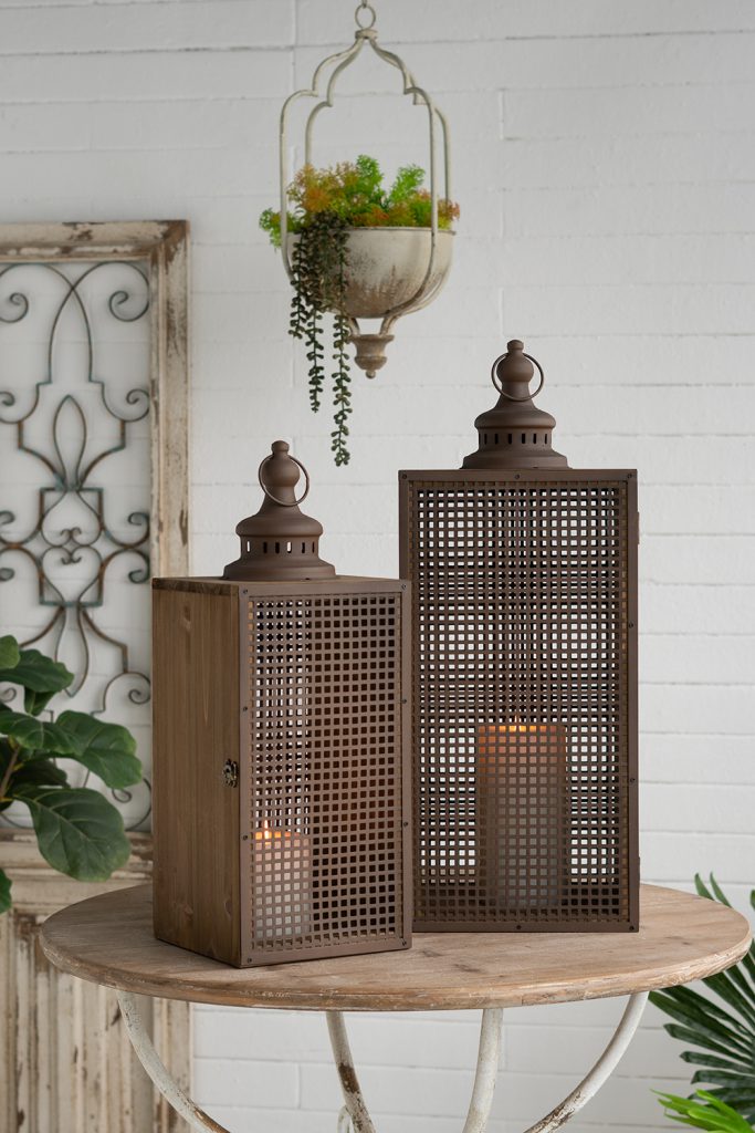 Set of 2 Brown Iron Lanterns with Mesh Panel Design and Fin