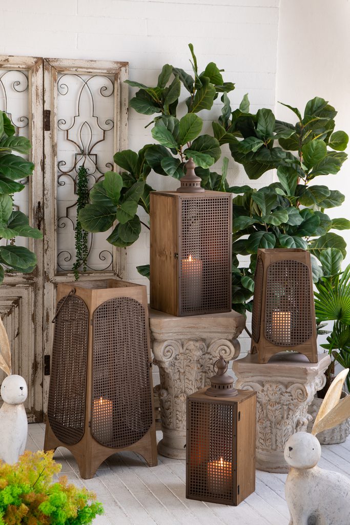 Set of 2 Brown Iron Lanterns with Mesh Panel Design and Fin