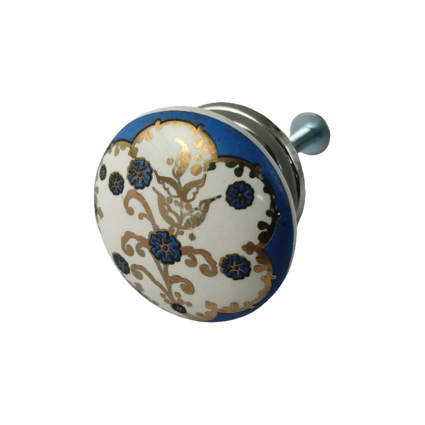 Ceramic Knob Blue Gold Painting, 1.6 in