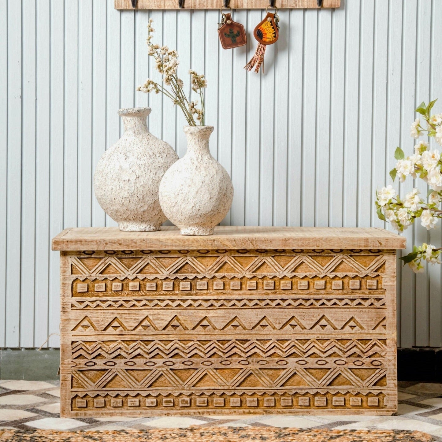 Hand-Carved Wooden Trunk Box
