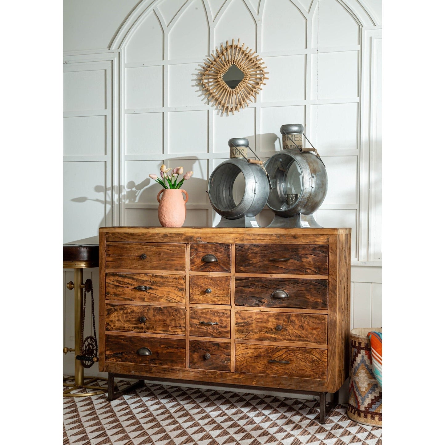 Reclaimed Wooden Drawer Chest With Iron Stand