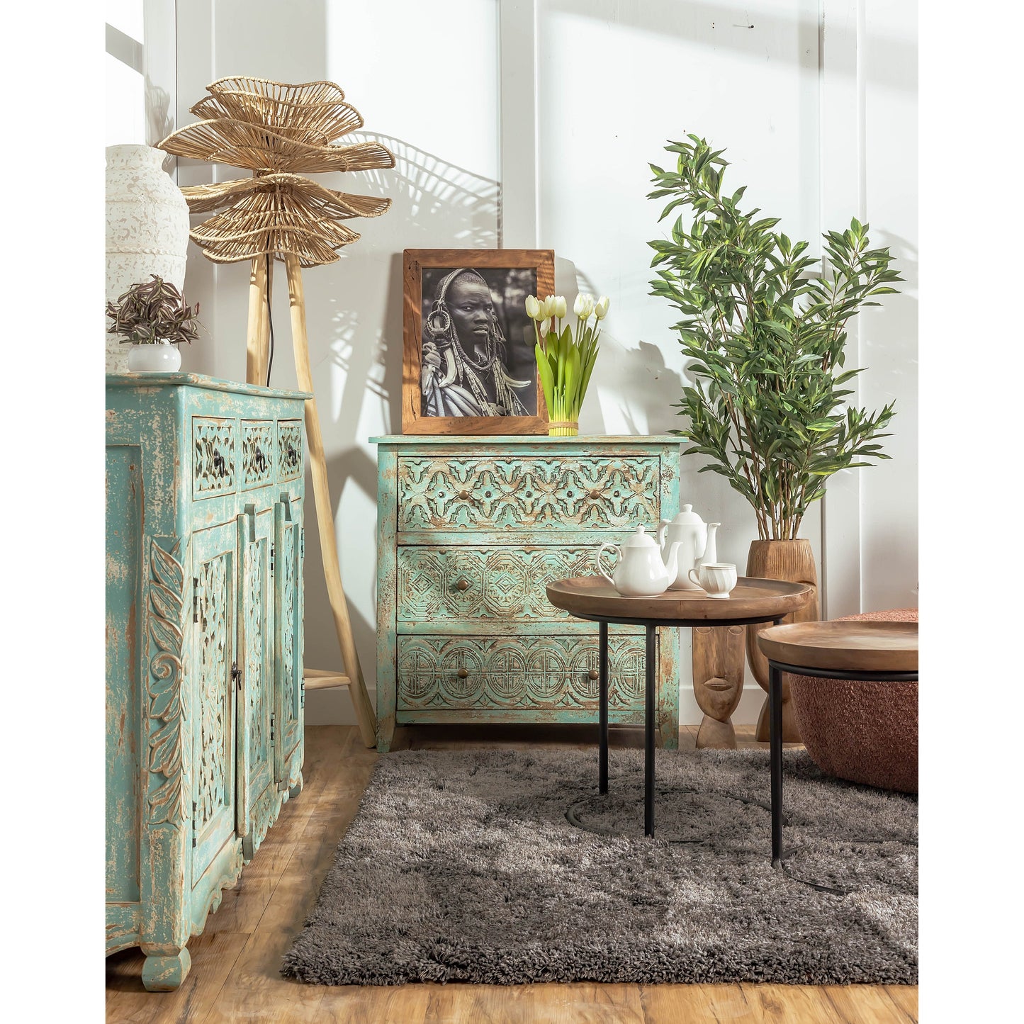Wooden Carved Chest, Three Drawers