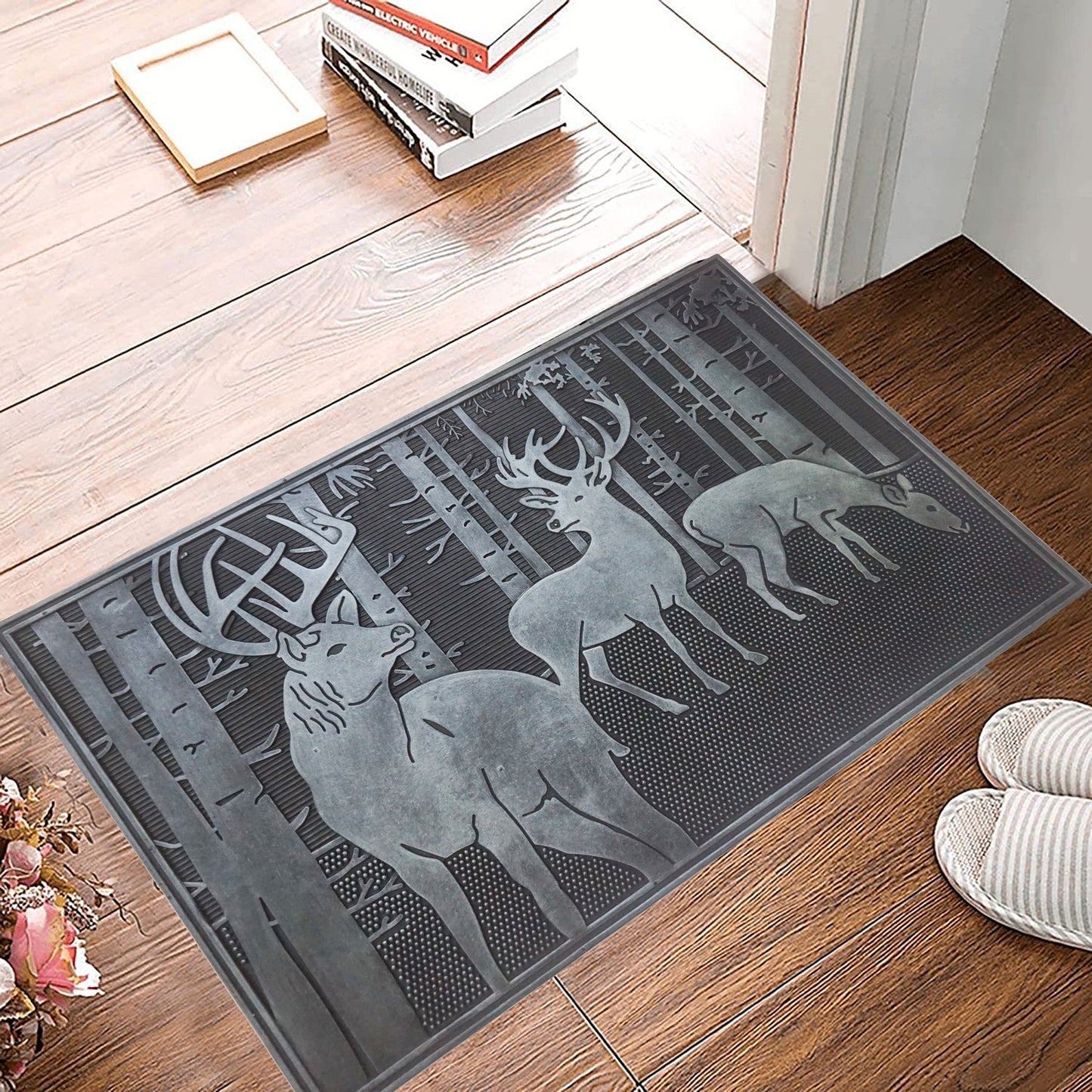 Deer In The Woods Rubber Doormat, Sliver Finish