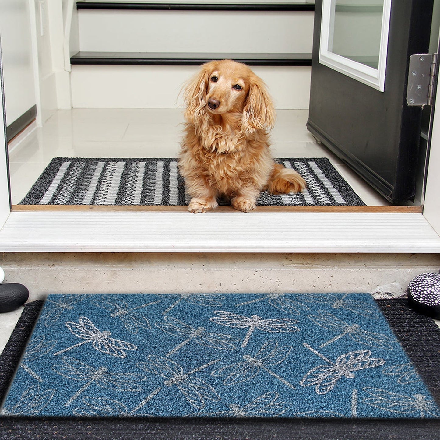 Dragonfly Glitter Doormat, Blue, PVC Tufted