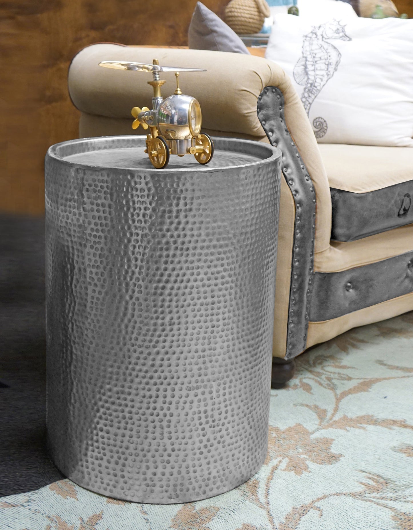 Sigurd Hammered Drum End Table, Small, Antique Sli