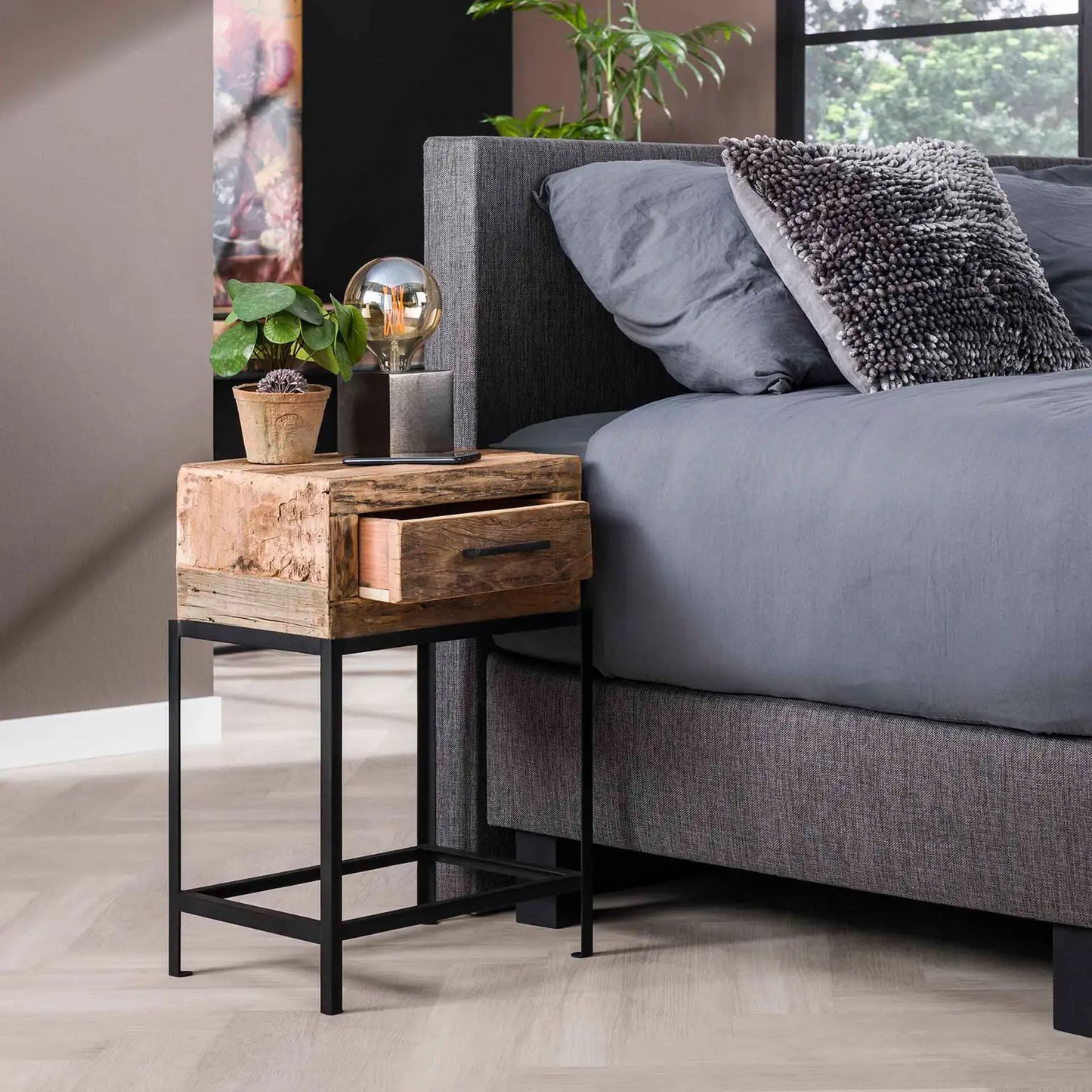 Recycled Wooden Iron Base Table With Drawer