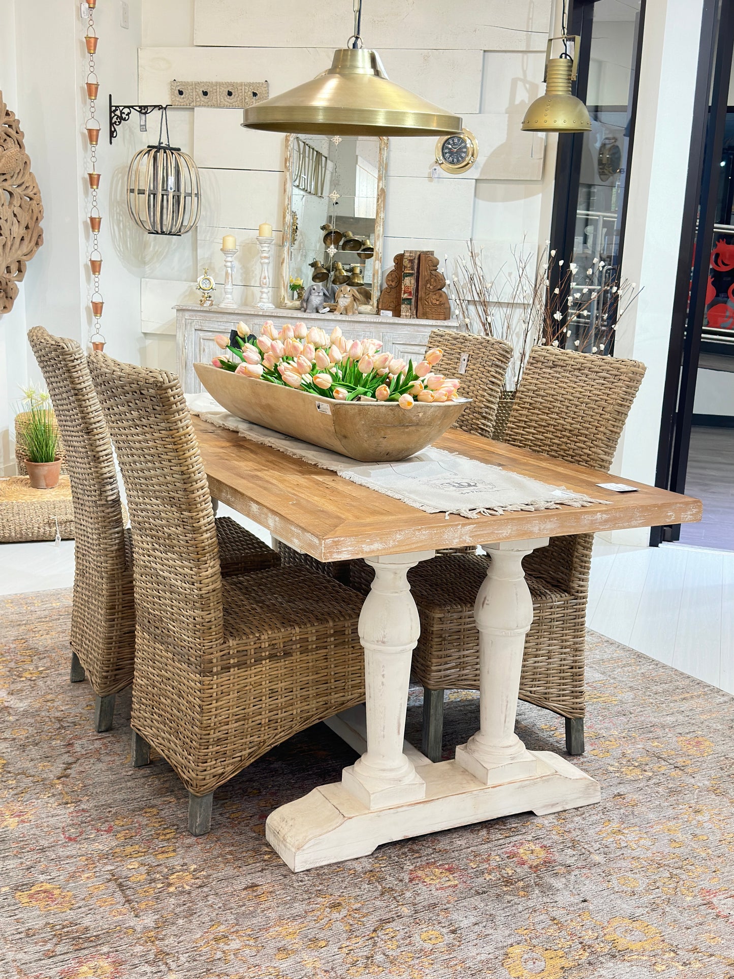 Long Recycled Old Pine Dining Table, Rustic White