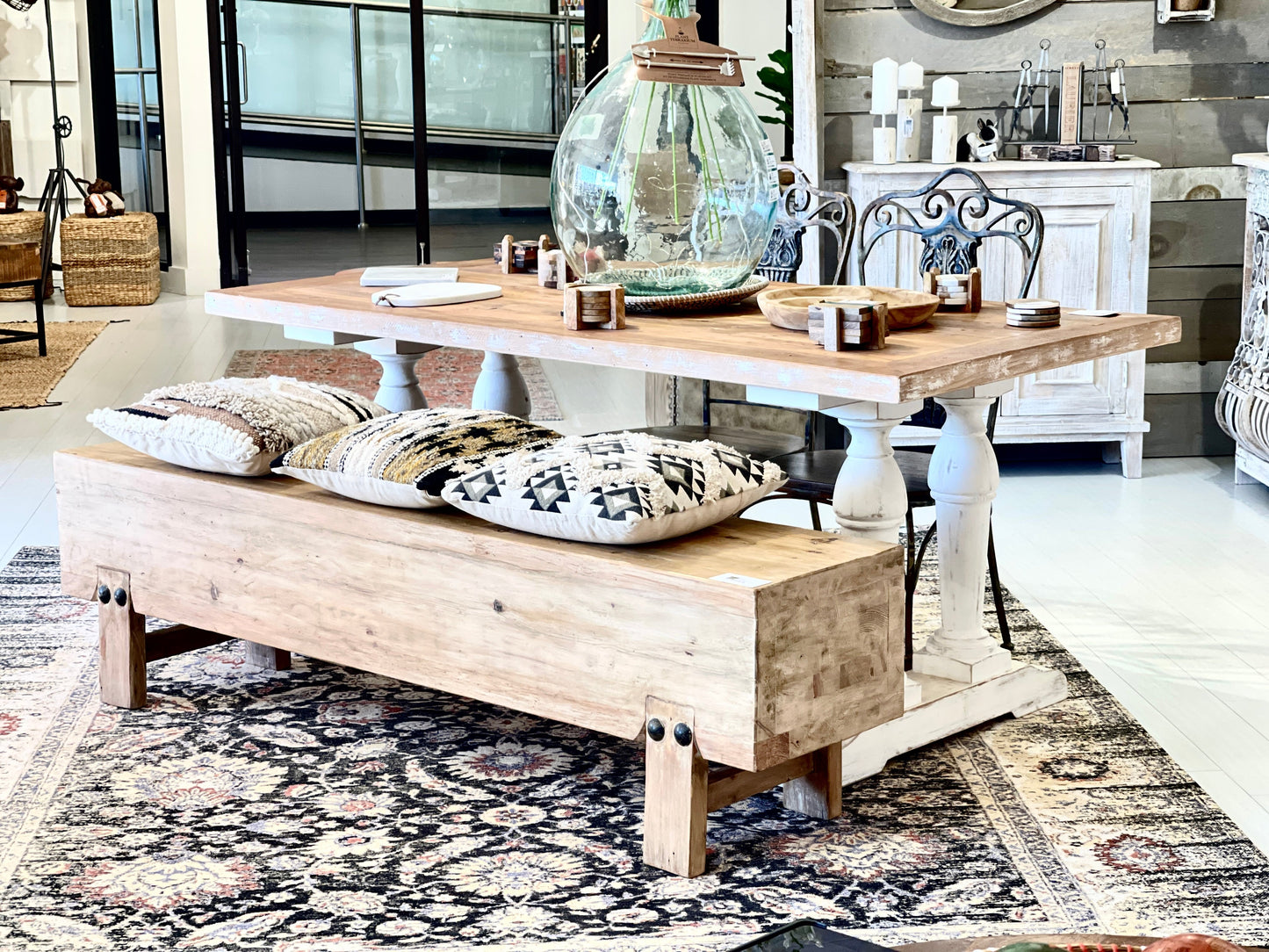 Long Recycled Old Pine Dining Table, Rustic White