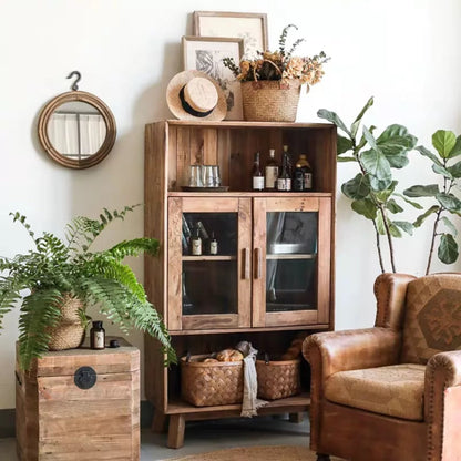 Reclaimed Wooden Storage Cabinet With Glass Doors