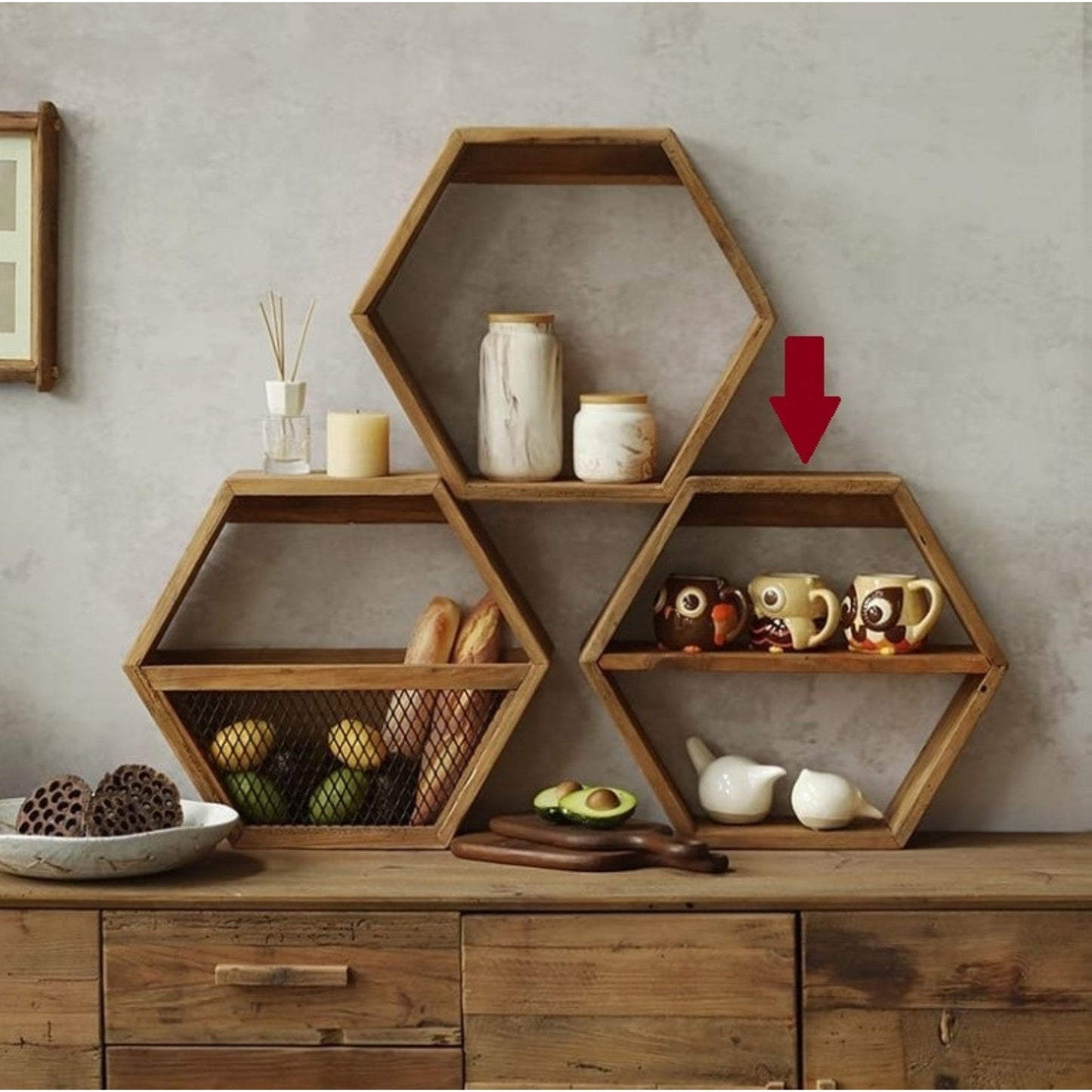 Reclaimed Wooden Hexagon Shelf With Divider