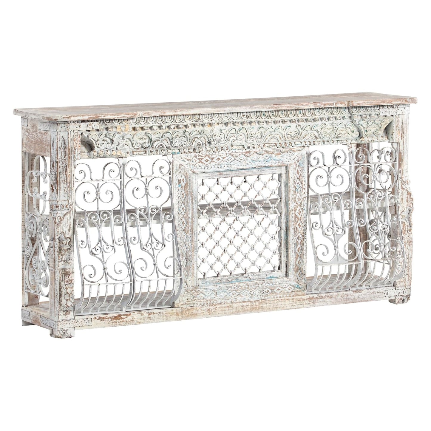 Jali Wooden Console, Wrought Iron Panel