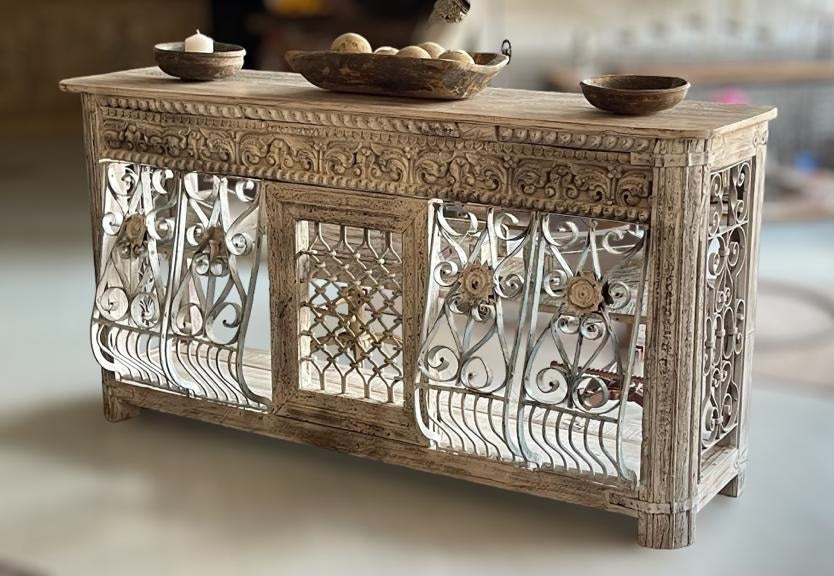 Jali Wooden Console, Wrought Iron Panel