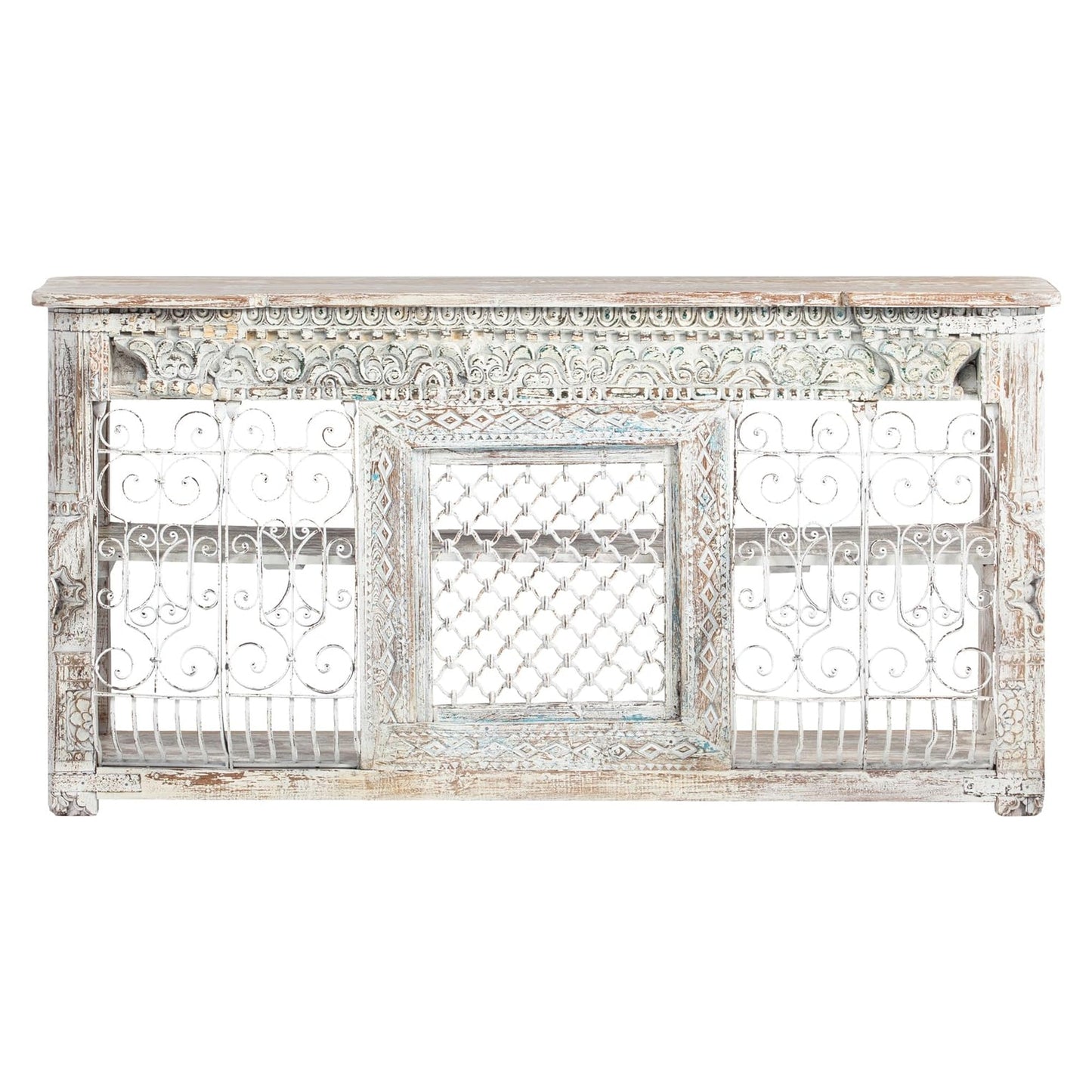 Jali Wooden Console, Wrought Iron Panel