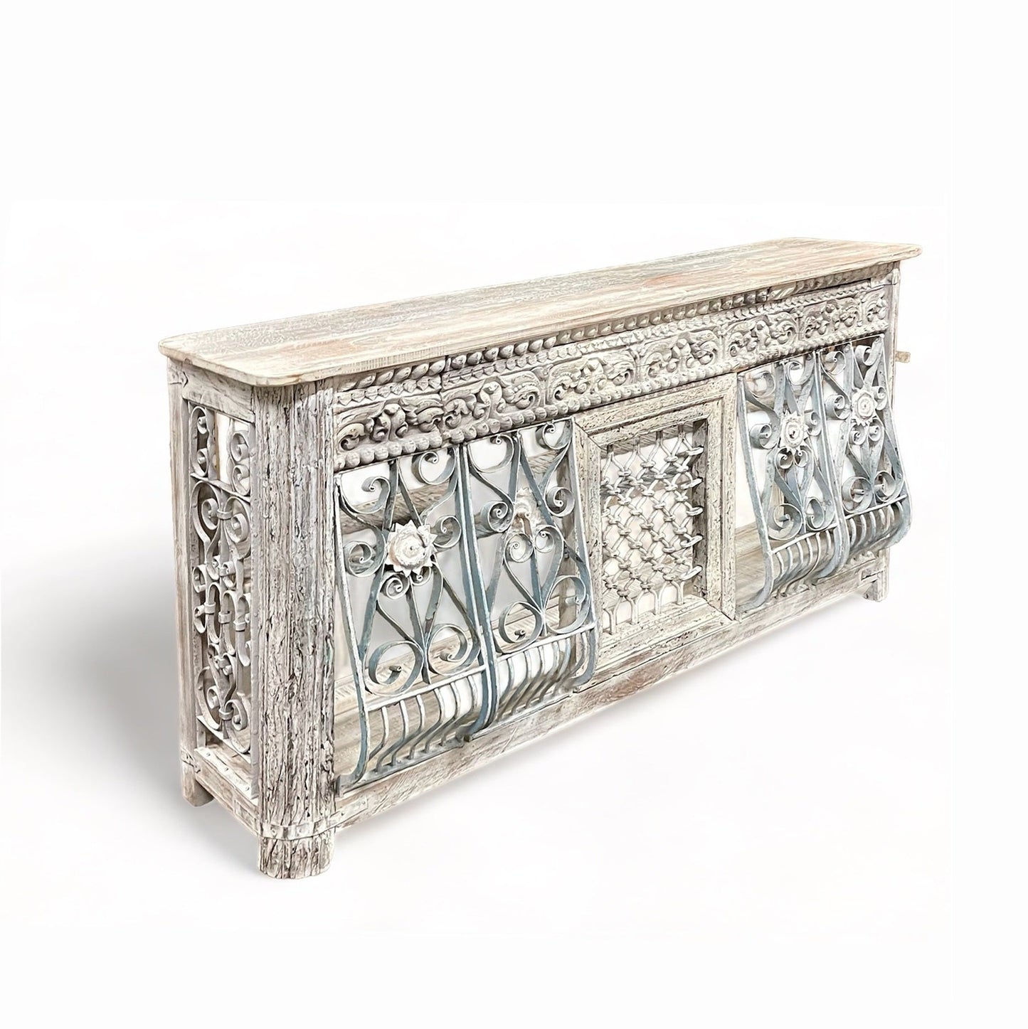 Jali Wooden Console, Wrought Iron Panel