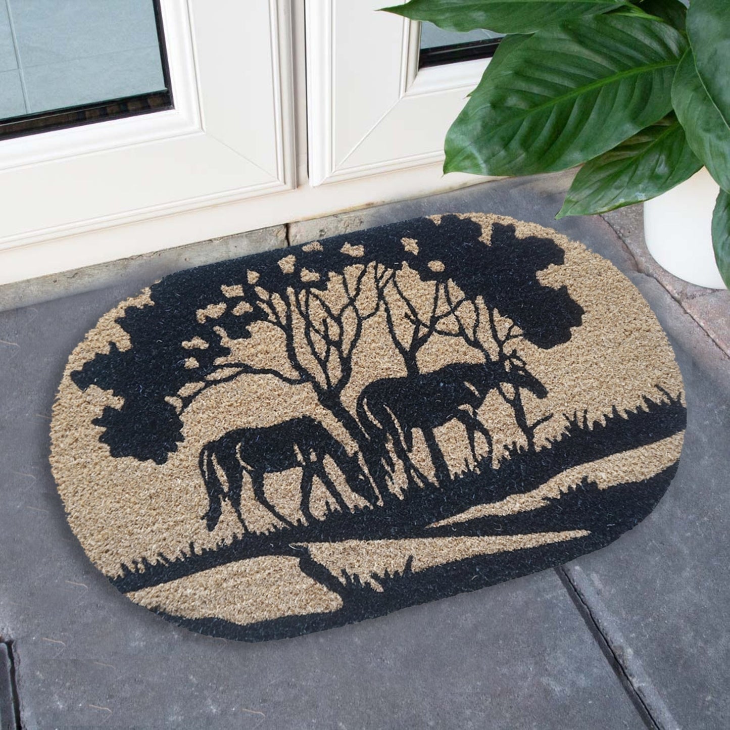 Riverside Horse Round Coir Doormat, Natural, PVC Tufted