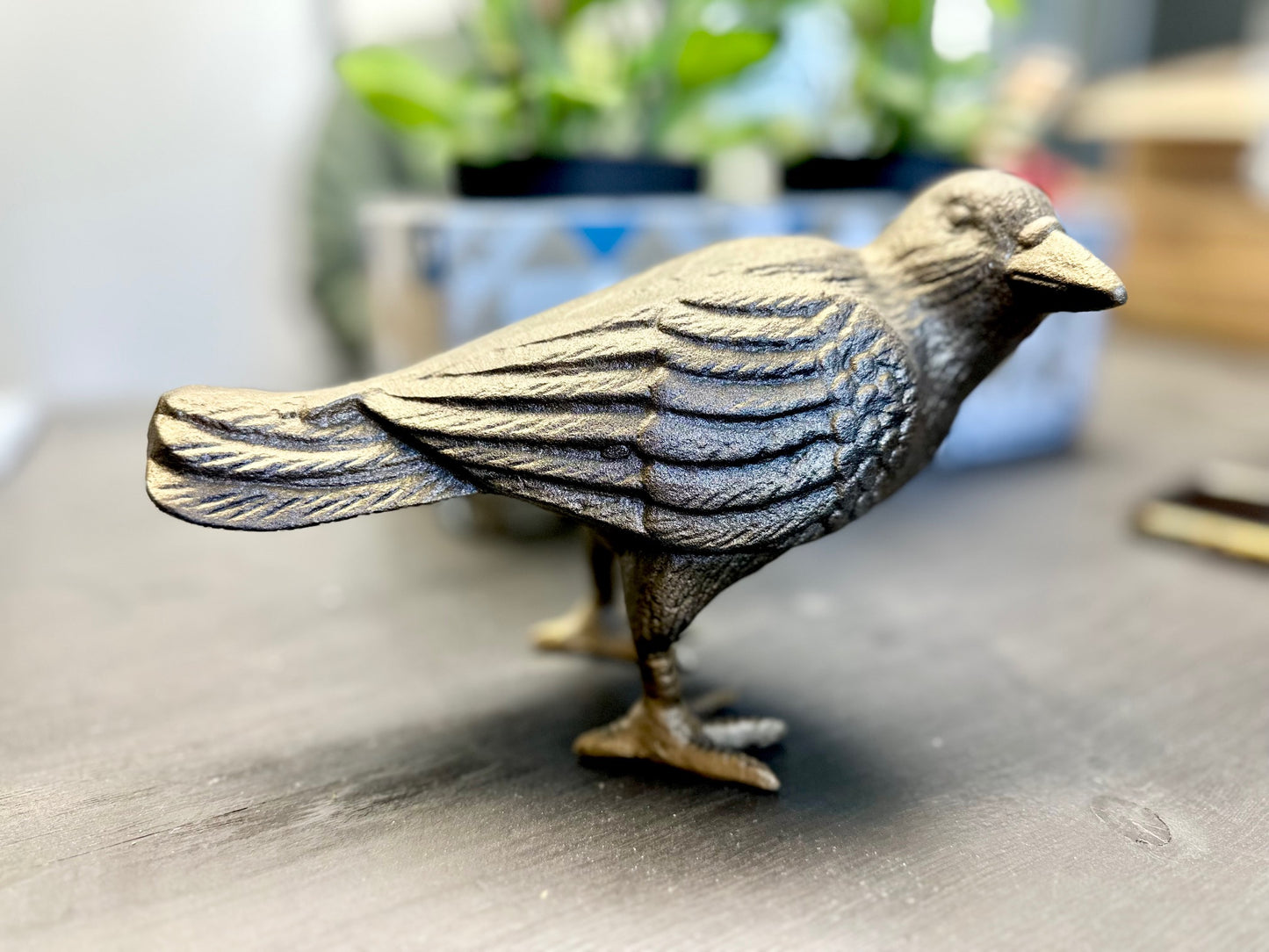 Cast Iron Crow, Head To Side, Antique Gold