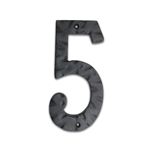 Matte Black Hammer Tone Cast Iron House Number, 6 inch, #5