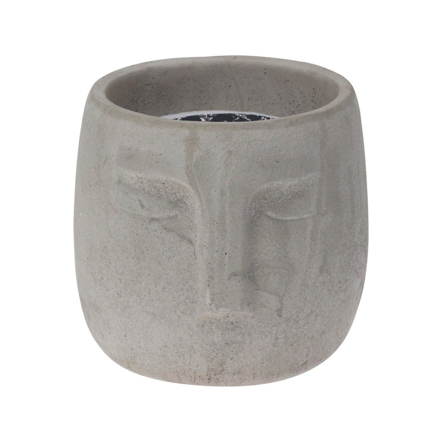 Candle In Cement Pot With Face Design, Wax Colour, White