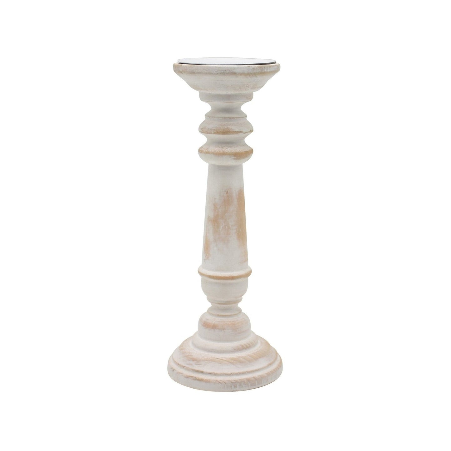 Round Wood Pillar Candle Holder, Antique White