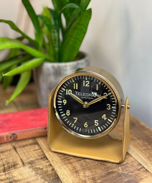 Table Clock, 6" Face, Matt Antq Brass/Tan Leather