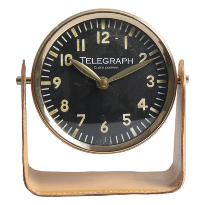 Table Clock, 6" Face, Matt Antq Brass/Tan Leather