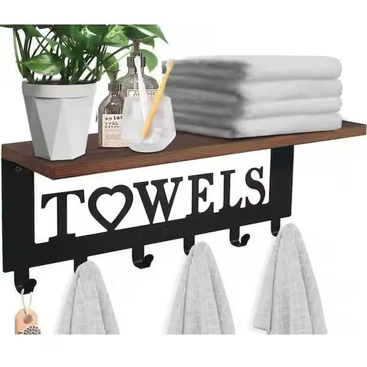 'Towels'' Hooks Rack With Wooden Shelf