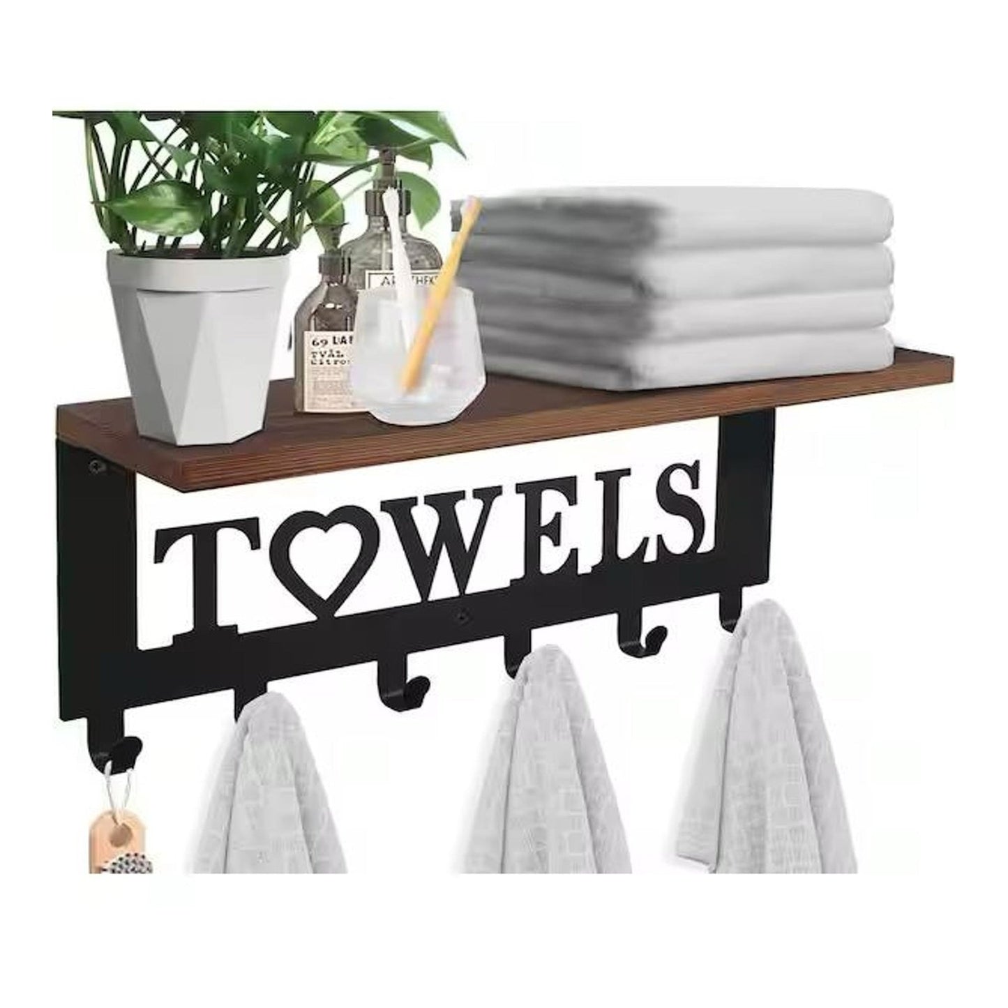 'Towels'' Hooks Rack With Wooden Shelf