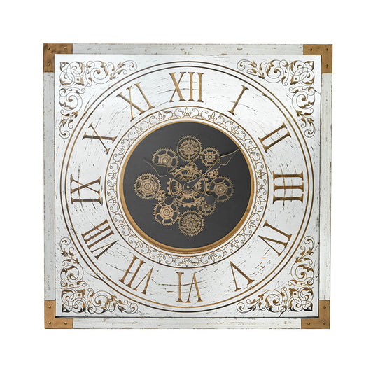 Square Gear Clock with Distressed White Finish