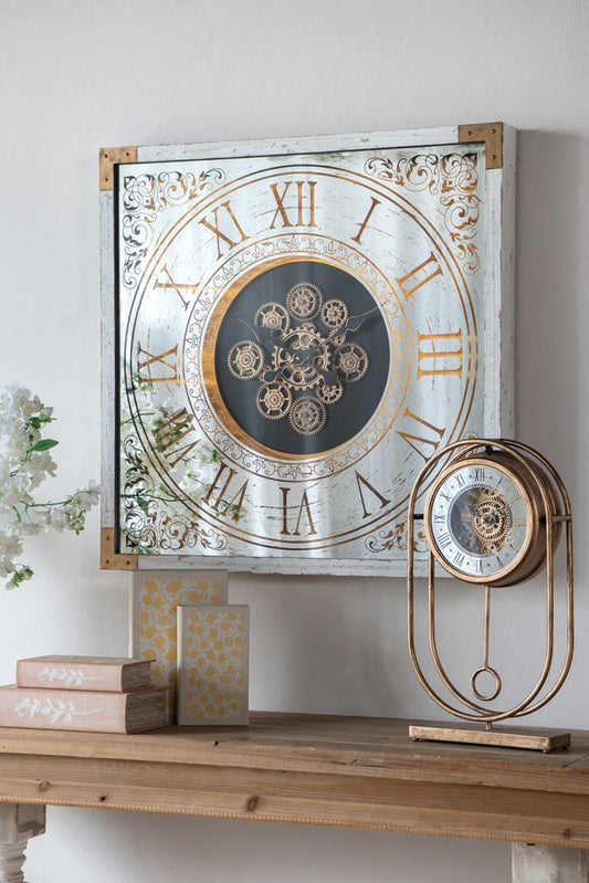 Square Gear Clock with Distressed White Finish