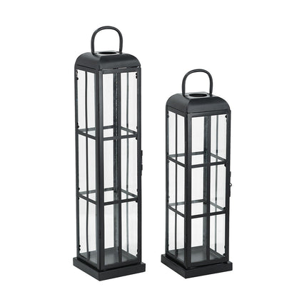 Set of 2 Decorative Iron Lanterns with Clear Glass Panels