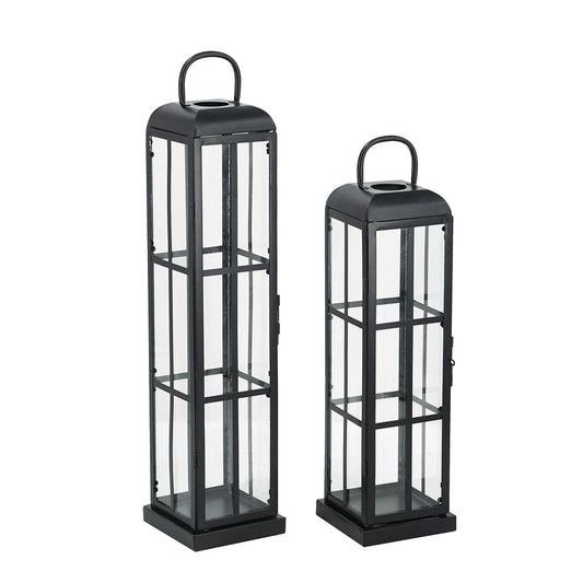 Set of 2 Decorative Iron Lanterns with Clear Glass Panels