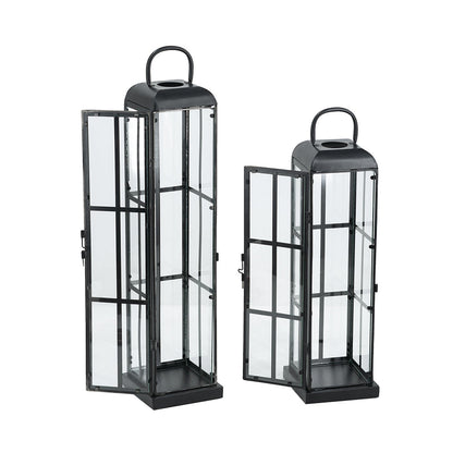 Set of 2 Decorative Iron Lanterns with Clear Glass Panels