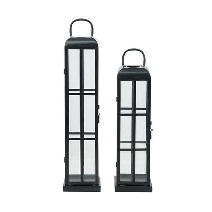 Set of 2 Decorative Iron Lanterns with Clear Glass Panels